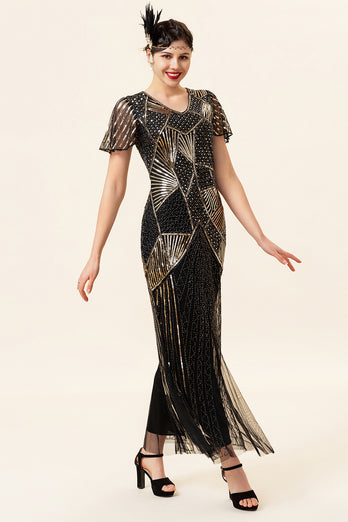 Black and Gold Sequin Long Formal 1920s Dress with Sequins