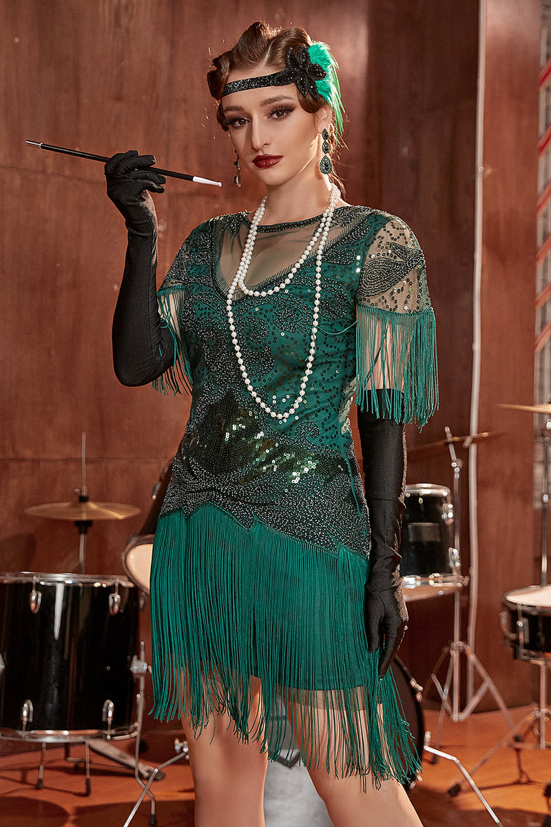 Load image into Gallery viewer, Dark Green Bateau Neck 1920s Gatsby Dress With Fringes