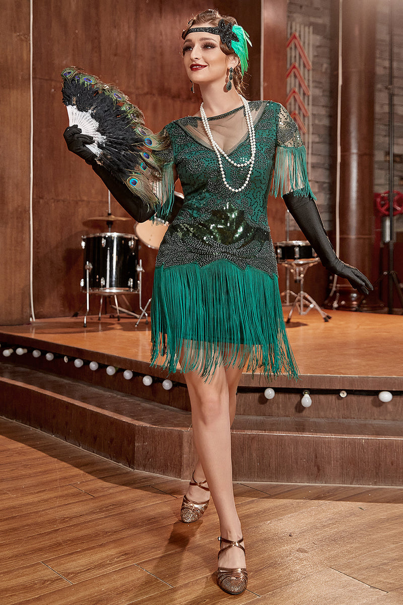 Load image into Gallery viewer, Dark Green Bateau Neck 1920s Gatsby Dress With Fringes