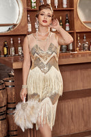 Load image into Gallery viewer, Golden Jewel Neck 1920s Gatsby Dress With Fringes
