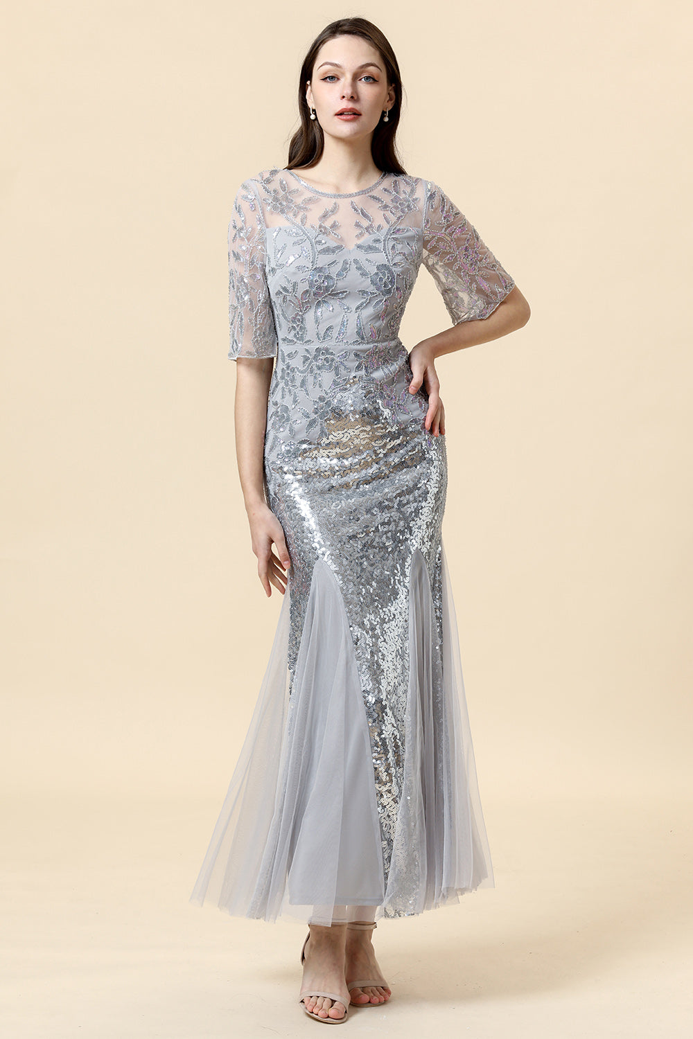 Grey Mermaid Sparkly Beaded Sequins Prom Dress