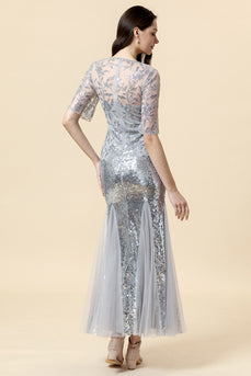 Grey Mermaid Sparkly Beaded Sequins Prom Dress
