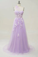 Load image into Gallery viewer, Elegant A Line One Shoulder Purple Long Prom Dress with Appliques