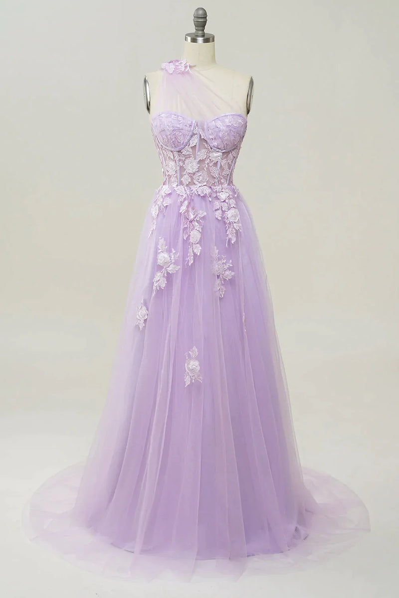 Load image into Gallery viewer, Elegant A Line One Shoulder Purple Long Prom Dress with Appliques