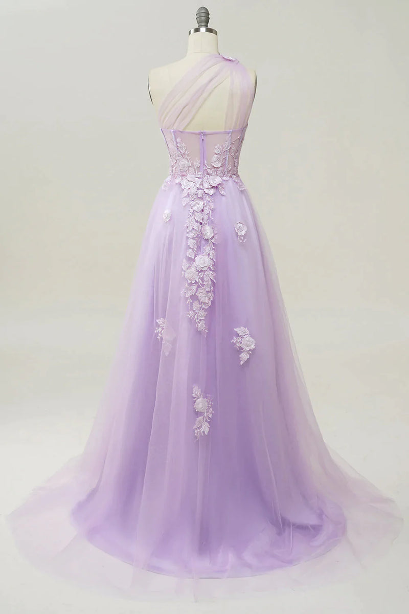 Load image into Gallery viewer, Elegant A Line One Shoulder Purple Long Prom Dress with Appliques