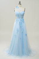Load image into Gallery viewer, A Line One Shoulder Sky Blue Long Prom Dress with Appliques