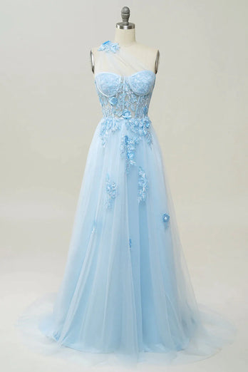 Elegant A Line One Shoulder Purple Long Prom Dress with Appliques