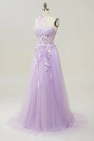 Load image into Gallery viewer, Elegant A Line One Shoulder Purple Long Prom Dress with Appliques