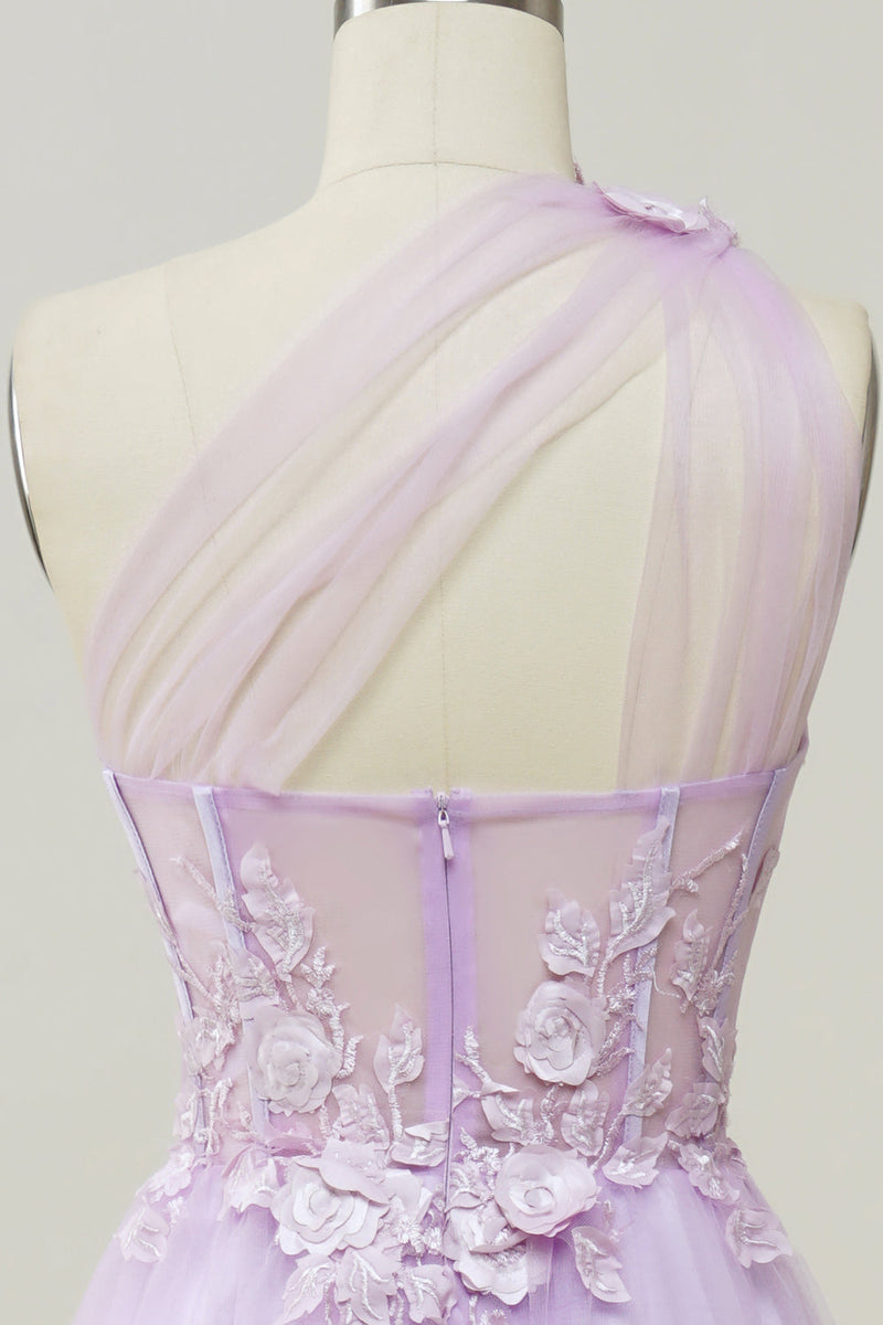 Load image into Gallery viewer, Elegant A Line One Shoulder Purple Long Prom Dress with Appliques