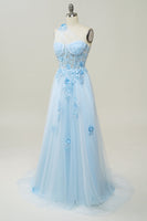 Load image into Gallery viewer, A Line One Shoulder Sky Blue Long Prom Dress with Appliques