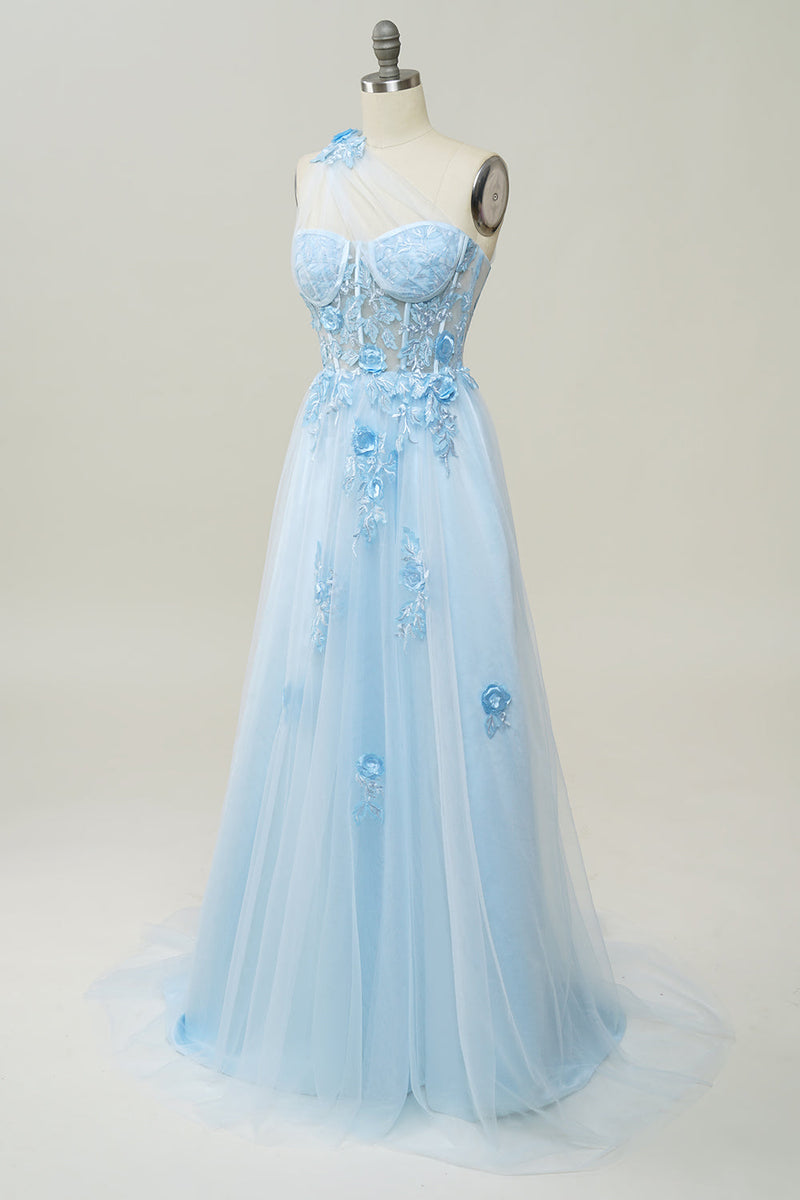 Load image into Gallery viewer, A Line One Shoulder Black Long Prom Dress with Appliques