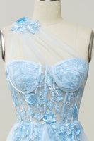 Load image into Gallery viewer, A Line One Shoulder Sky Blue Long Prom Dress with Appliques