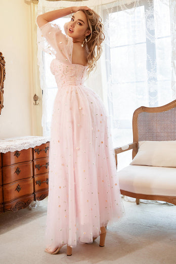 A Line Off the Shoulder Blush Plus Size Prom Dress with Embroidery
