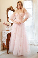 Load image into Gallery viewer, A Line Off the Shoulder Blush Plus Size Prom Dress with Embroidery