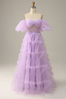 Load image into Gallery viewer, Purple Tulle Off The Shoulder Prom Dress
