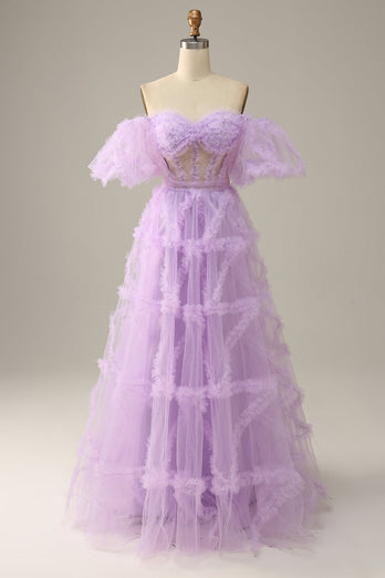 Fuchsia A Line Off the Shoulder Tulle Corset Prom Dress with Bowknot
