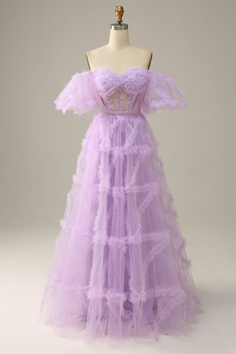 Load image into Gallery viewer, Fuchsia A Line Off the Shoulder Tulle Corset Prom Dress with Bowknot