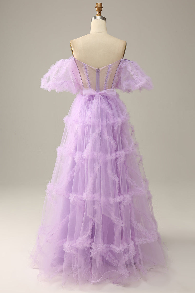 Load image into Gallery viewer, A Line Off the Shoulder Pink Tulle Corset Prom Dress with Bowknot