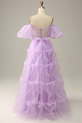 Fuchsia A Line Off the Shoulder Tulle Corset Prom Dress with Bowknot