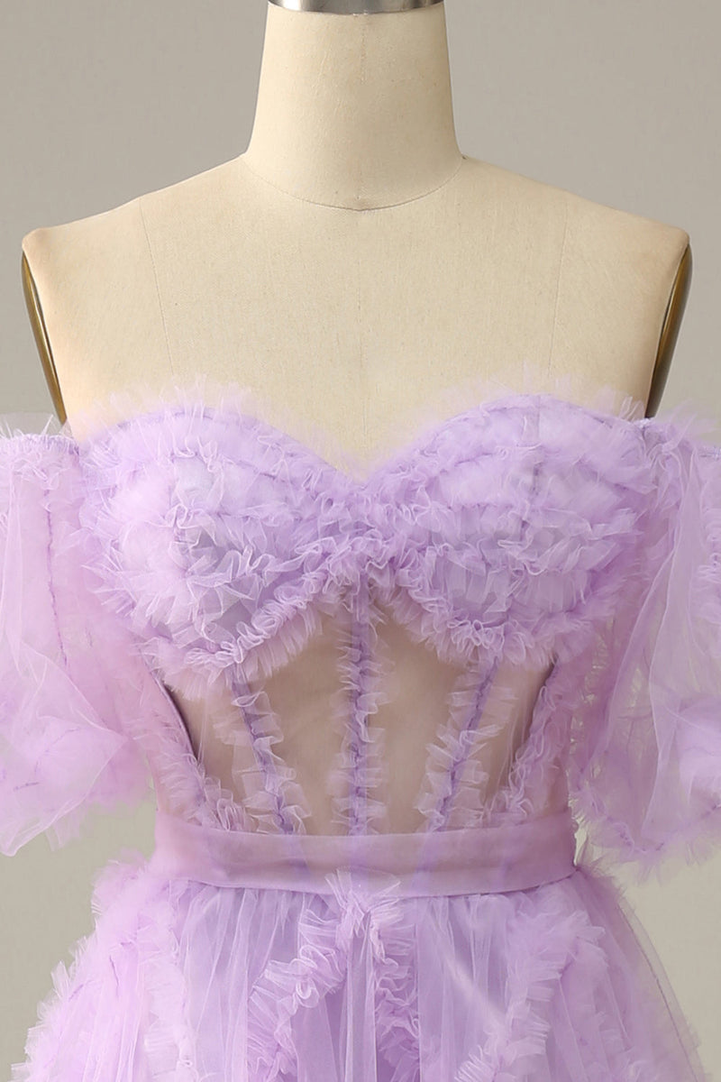 Load image into Gallery viewer, Fuchsia A Line Off the Shoulder Tulle Corset Prom Dress with Bowknot