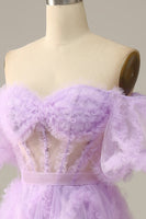 Load image into Gallery viewer, Purple Tulle Off The Shoulder Prom Dress