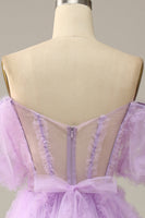 Load image into Gallery viewer, Fuchsia A Line Off the Shoulder Tulle Corset Prom Dress with Bowknot