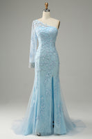 Load image into Gallery viewer, Sky Blue One Shoulder Mermaid Prom Dress With Appliques