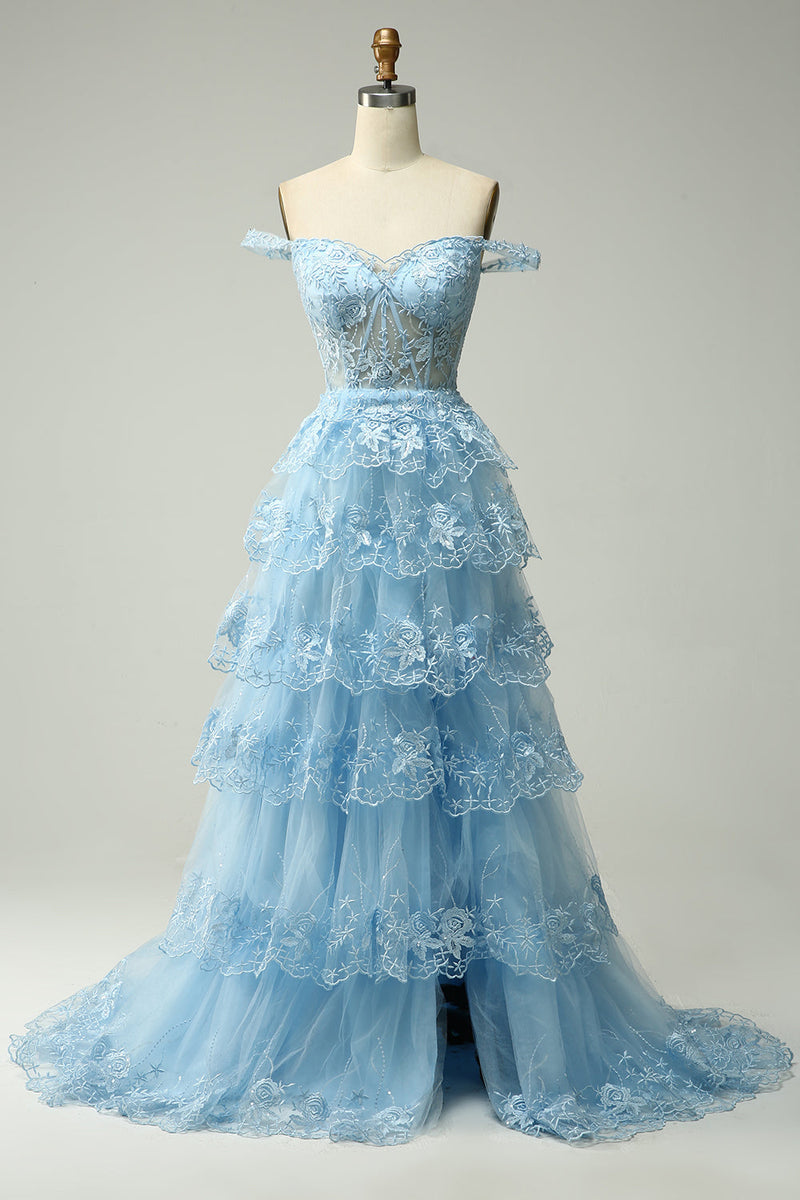 Load image into Gallery viewer, Sparkly Black Off The Shoulder Tiered Corset Prom Dress