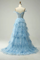 Load image into Gallery viewer, Princess A Line Off the Shoulder Blue Long Prom Dress with Appliques