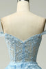 Load image into Gallery viewer, Princess A Line Off the Shoulder Blue Long Prom Dress with Appliques