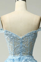 Load image into Gallery viewer, Princess A Line Off the Shoulder Blue Long Prom Dress with Appliques