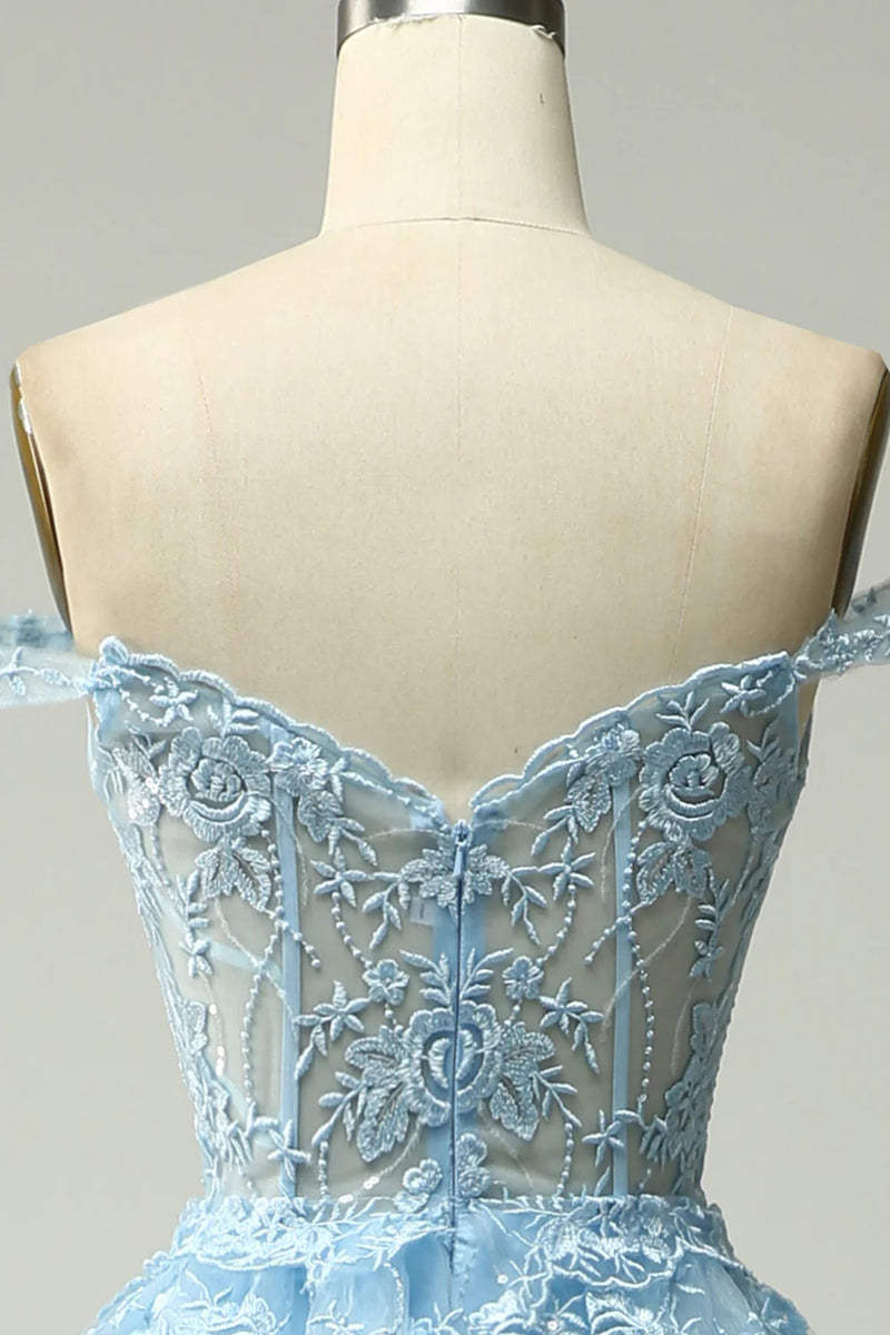 Load image into Gallery viewer, Princess A Line Off the Shoulder Blue Long Prom Dress with Appliques