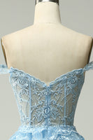 Load image into Gallery viewer, Blue Corset Tiered Lace Prom Dress with Slit