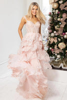 Load image into Gallery viewer, Sparkly Black Long Corset Prom Dress with Slit Off The Shoulder Tiered Lace A-Line Evening Dress with Ruffles