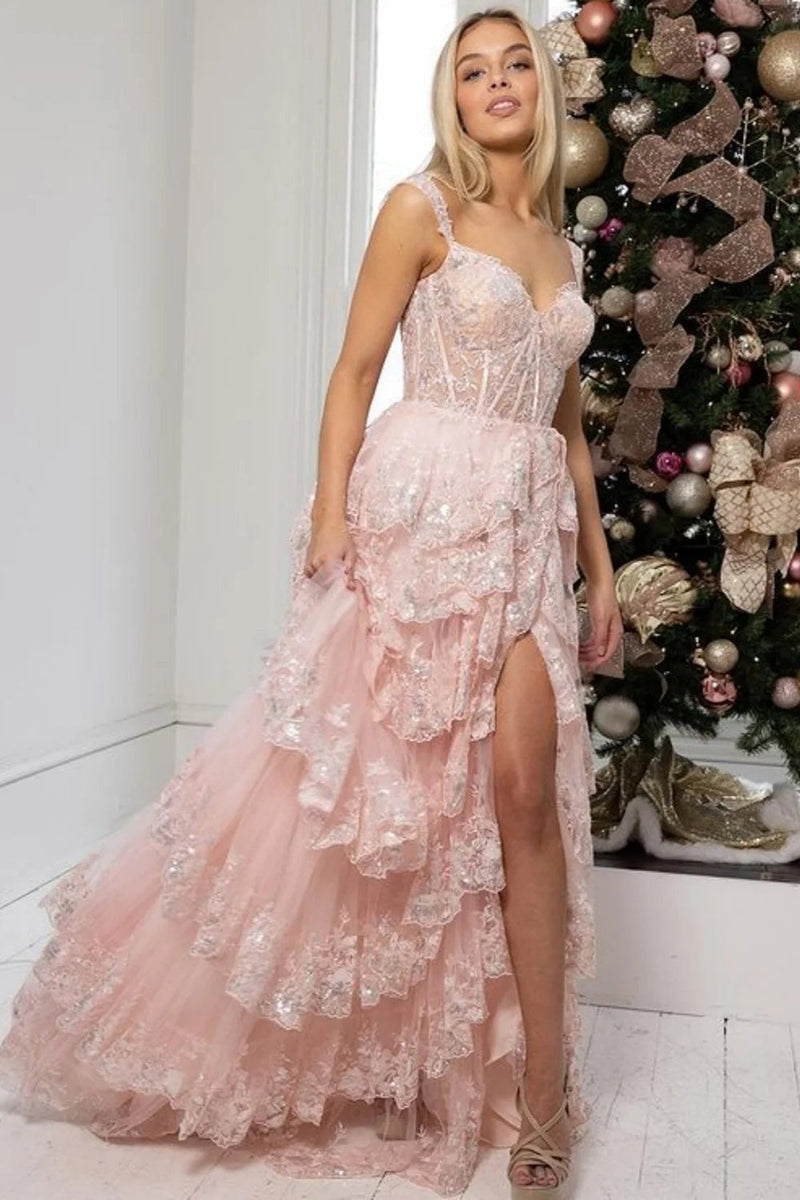 Load image into Gallery viewer, Sparkly Black Off The Shoulder Tiered Corset Prom Dress
