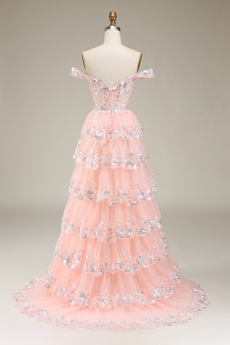 Load image into Gallery viewer, Gold Off The Shoulder Tiered Prom Dress