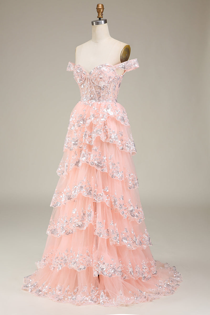 Load image into Gallery viewer, Gold Off The Shoulder Tiered Prom Dress
