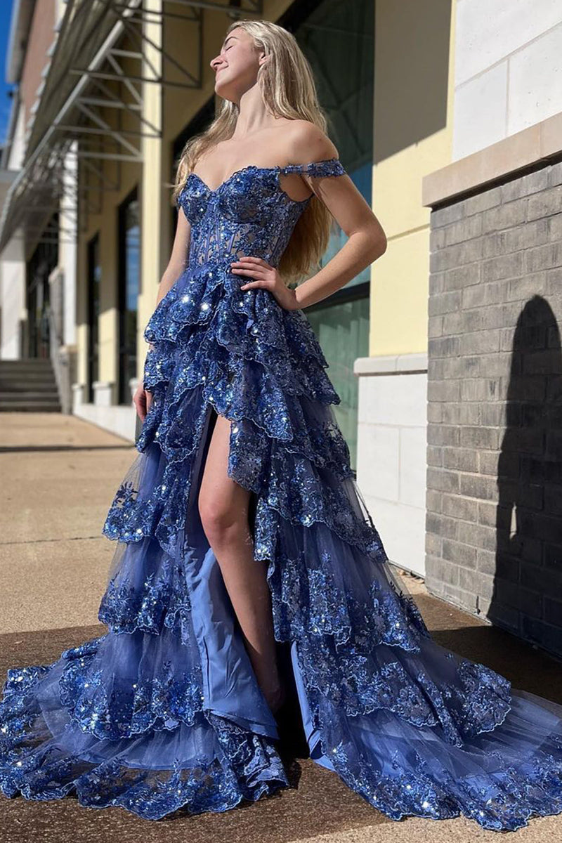 Load image into Gallery viewer, Sparkly Black Off The Shoulder Tiered Corset Prom Dress