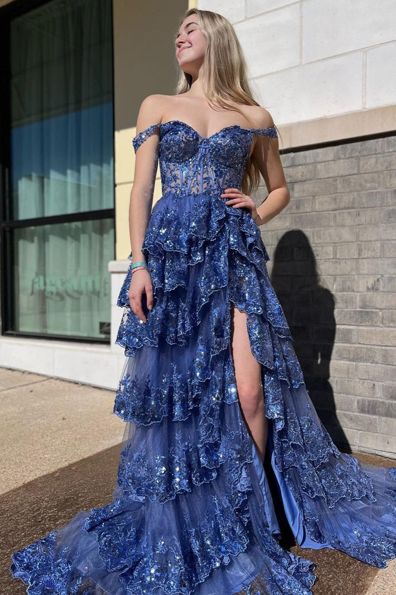 Load image into Gallery viewer, Gold Off The Shoulder Tiered Prom Dress