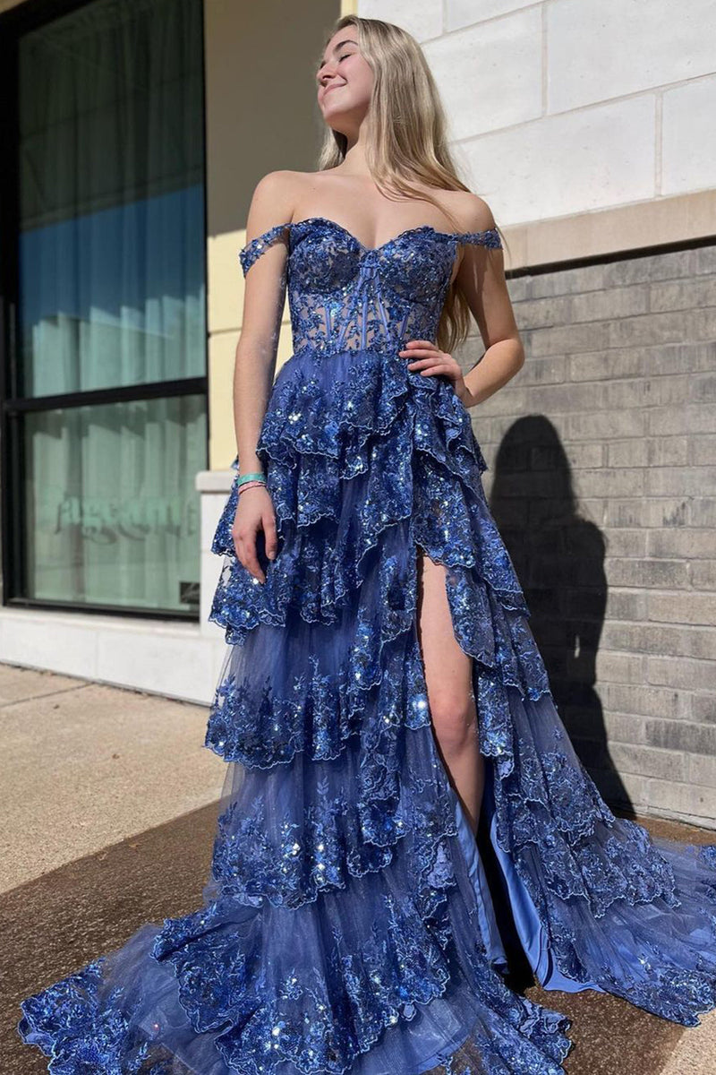 Load image into Gallery viewer, Sparkly Black Off The Shoulder Tiered Corset Prom Dress