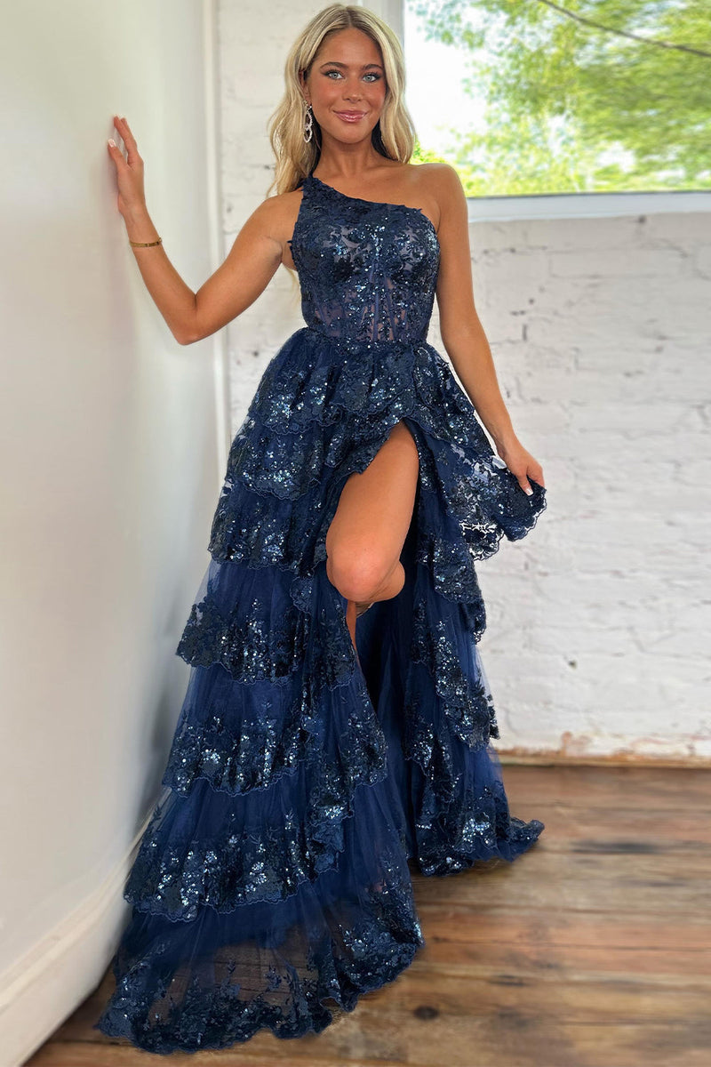 Load image into Gallery viewer, Sparkly Black One Shoulder Tiered Lace Long Prom Dress with Slit