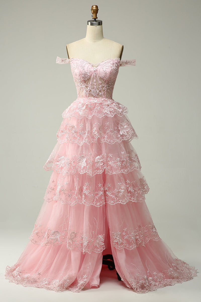 Load image into Gallery viewer, Sparkly Black Off The Shoulder Tiered Corset Prom Dress