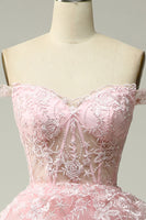 Load image into Gallery viewer, Princess A Line Off the Shoulder Pink Long Prom Dress with Appliques