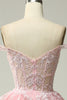 Load image into Gallery viewer, Princess A Line Off the Shoulder Pink Long Prom Dress with Appliques