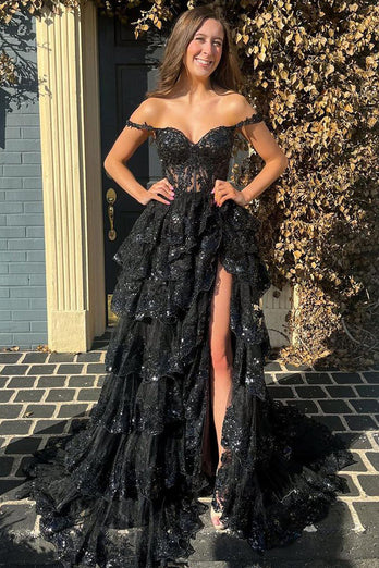 Blue Corset Tiered Lace Prom Dress with Slit