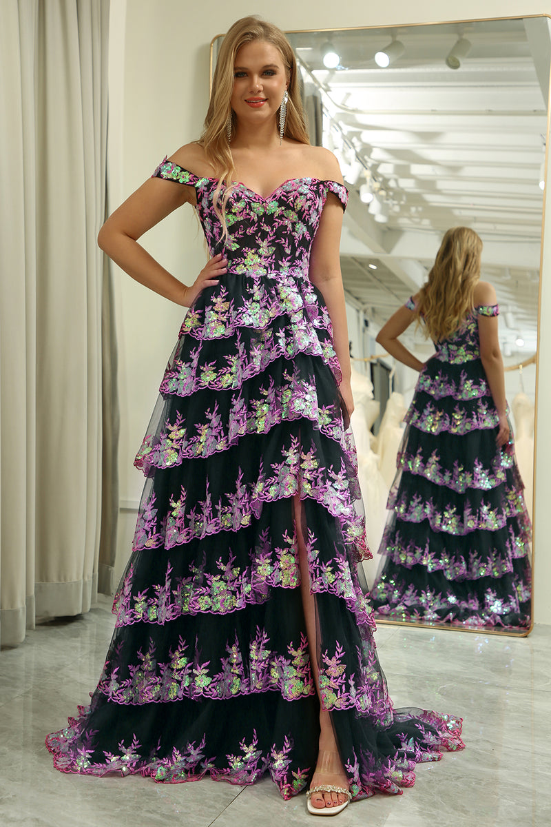 Load image into Gallery viewer, Black Pink A Line Off the Shoulder Long Tiered Prom Dress