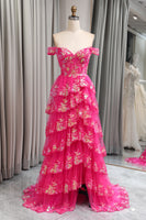 Load image into Gallery viewer, Sparkly Tulle Fuchsia A Line Tiered Long Corset Prom Dress With Appliques