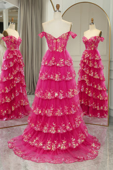 Glitter Fuchsia A Line Long Tiered Corset Prom Dress With Lace