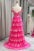 Load image into Gallery viewer, Sparkly Tulle Fuchsia A Line Tiered Long Corset Prom Dress With Appliques