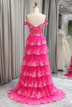 Sparkly Tulle Fuchsia A Line Tiered Long Corset Prom Dress With Appliques